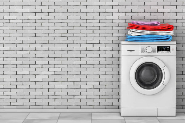 Pile of Clothes over Modern Washing Machine in front of brick wall. 3d Rendering