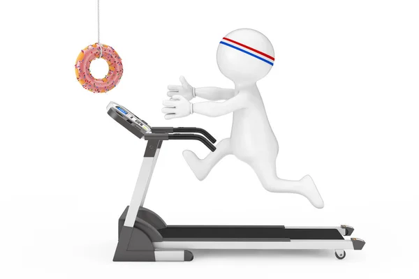 Conceito Fitness Person Runner Corre Longo Esteira Alcança Donut Fundo — Fotografia de Stock