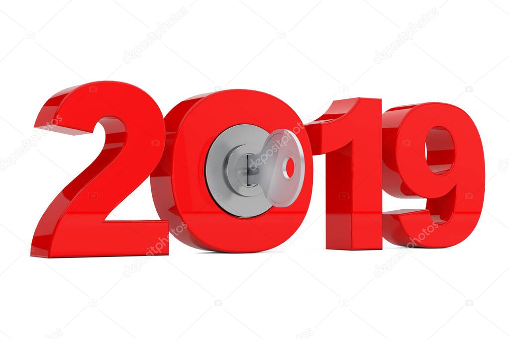 New 2019 Year Sign with Key on a white background. 3d Rendering