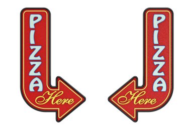 Vintage paslı Metal Pizza burada ok tabelada beyaz bir arka plan. 3D render 