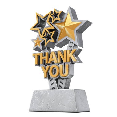 Award Trophy with Golden Thank You Sign on a white background. 3d Rendering  clipart