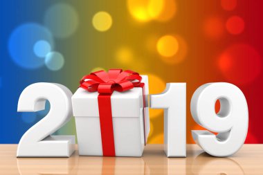 2019 yeni yıl işareti hediye kutusu ve ahşap bir masa üzerinde kırmızı kurdele ile. 3D render 