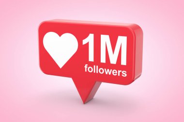 Sosyal medya ağ sevgi ve kalp simgesi pembe bir arka plan üzerinde bir milyon takipçileri işareti olan gibi. 3D render