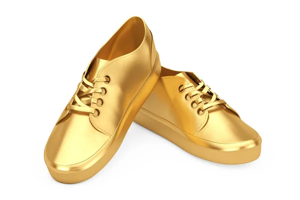 New Unbranded Fashionable Golden Sneakers White Background Rendering — Stock Photo, Image