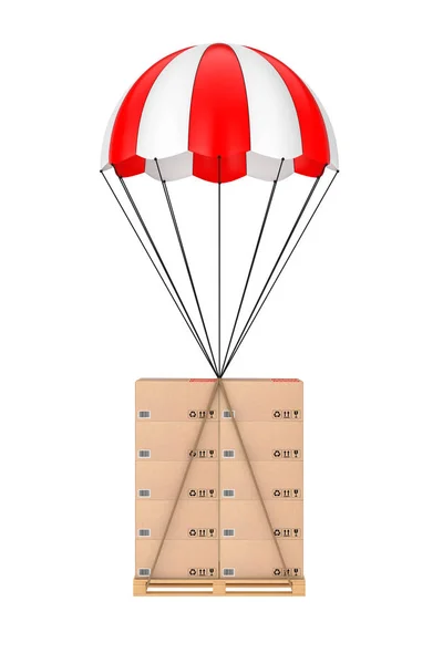 物流理念 在木制调色板的纸板箱与降落伞在白色背景 — 图库照片