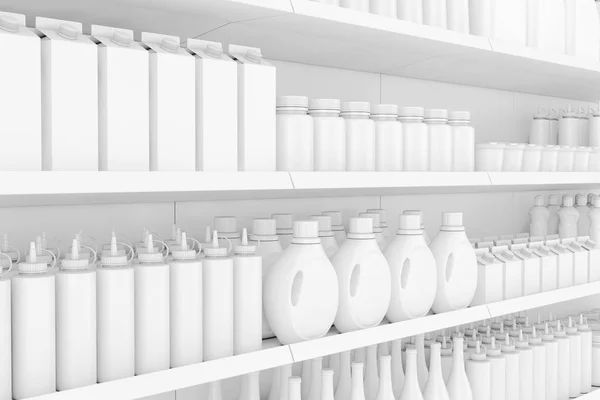 Estantería Supermercados Con Productos Blanco Mercancías Primer Plano Extremo Estilo — Foto de Stock