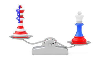 Bize Amerika ve Rusya Kings satranç basit dengesi ölçek üzerinde beyaz bir arka plan üzerinde. 3D render 