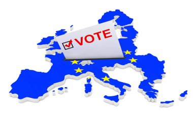 Europe kavramında oylama. Kart yarım eklenen şekli Avrupa Birliği bayrağı ile harita oy kutusunda beyaz bir arka plan üzerinde oylama. 3D render 