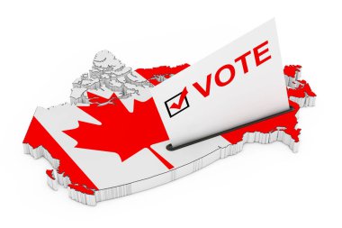 Voting in Canada Concept. Voting Card Half Inserted in Ballot Box in Shape of Canada Map with Flag on a white background. 3d Rendering  clipart