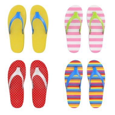 Farklı Multicolour Flip floplar sandalet beyaz zemin üzerinde. 3D render 