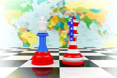 Bize Amerika ve Rusya bayraklarını Kings satranç satranç tahtası aşırı closeup üzerinde üzerinde. 3D render 