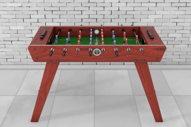Futbol masa futbol oyunu tuğla duvar önünde. 3D render 