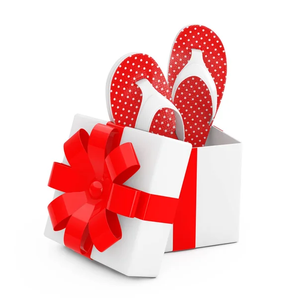 现代翻盖凉鞋出来的礼品盒与红色丝带在白色的背景 — 图库照片