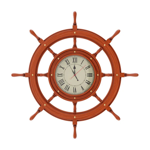 壁掛け時計でフォームのヴィンテージ木製船のステアリング ホイール ホワイト バック グラウンド レンダリング — ストック写真