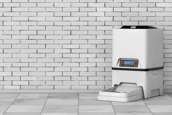 Automatic Electronic Digital Pet Dry Food Storage Meal Feeder Dispenser in front of brick wall. 3d Rendering