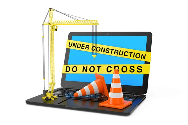 Orange Traffic Cones Dan Yellow Tower Crane Atas Laptop Dengan — Stok Foto