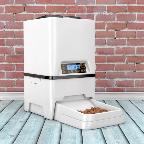 Automatic Electronic Digital Pet Dry Food Storage Meal Feeder Dispenser on a wooden floor. 3d Rendering