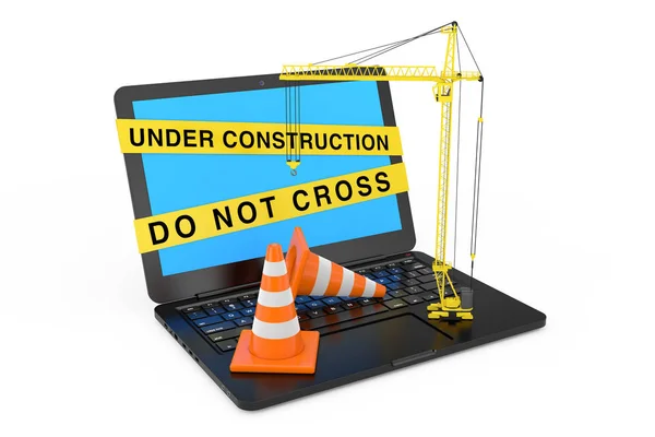 Orange Traffic Cones Dan Yellow Tower Crane Atas Laptop Dengan — Stok Foto