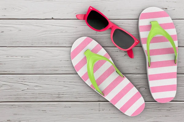 Modern Flip Flops Sandals Pink Sunglasses Wooden Floor Rendering — Stock Photo, Image