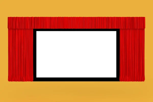Kinowym Ekranie Otwarte Czerwone Zasłony Żółtym Tle Renderowania — Zdjęcie stockowe