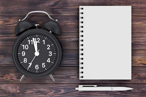 黒ペンと木製のテーブル デザインを空白のメモ帳の目覚まし時計 レンダリング — ストック写真