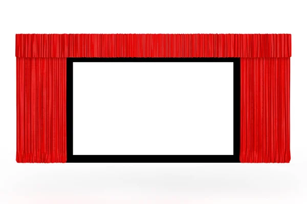 Cinema Schermo Con Tenda Rossa Aperta Sfondo Bianco Rendering — Foto Stock