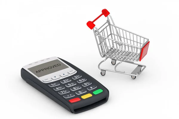 Shopping Cart Nära Pos Terminal Maskin Vit Bakgrund Rendering — Stockfoto