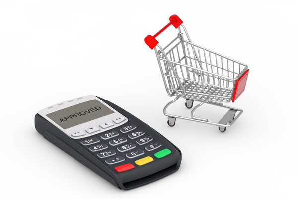 Shopping Cart near POS Terminal Machine on a white background. 3d Rendering 