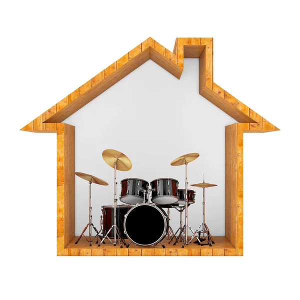 Profissional Rock Black Drum Kit Esboço Casa Madeira Fundo Branco — Fotografia de Stock