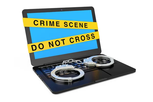 Beyaz Bir Arka Plan Üzerinde Laptop Ile Kelepçe Suç Mahalli — Stok fotoğraf