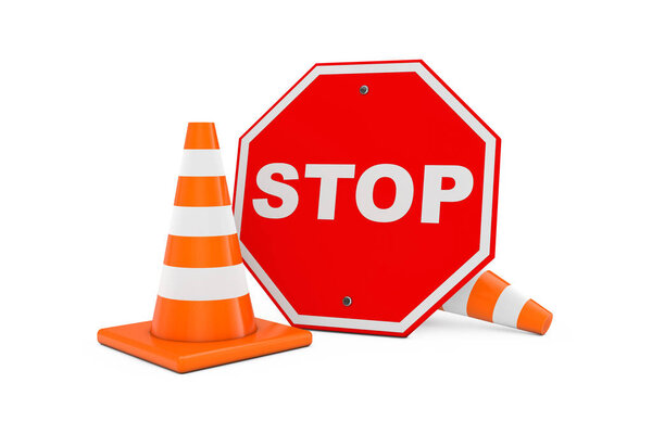 Концепция ремонта дорог. Дорожные конусы с красной доской на белом фоне. 3D-рендеринг
 