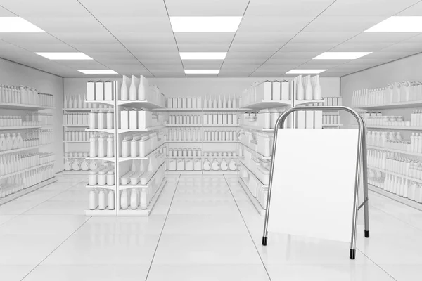 Blank Advertising Stand near Market Shelving Rack with Blank Products or Goods in Clay Style as Supermarket Interior extreme closeup. 3d Rendering.