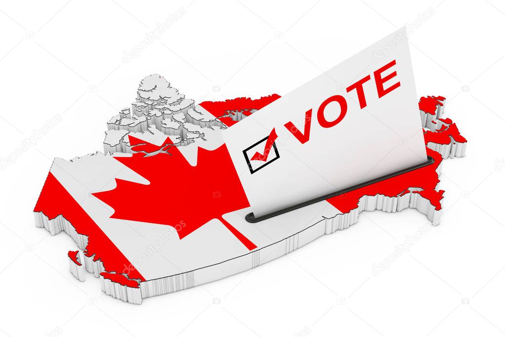 Voting in Canada Concept. Voting Card Half Inserted in Ballot Box in Shape of Canada Map with Flag on a white background. 3d Rendering 