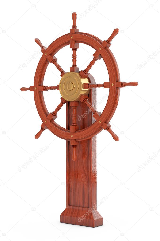 Vintage Wooden Ship Steering Wheel with Stand on a white background. 3d Rendering 