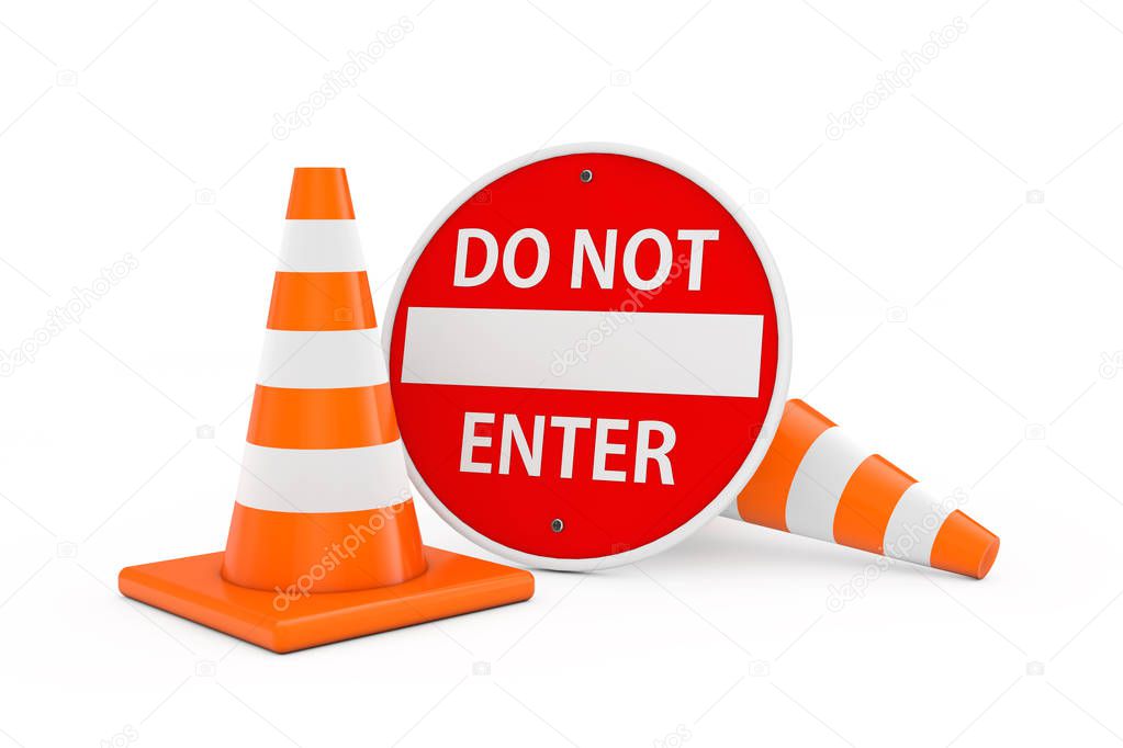 Road Repair Concept. Traffic Cones with Red Do Not Enter Sign Board on a white background. 3d Rendering 
