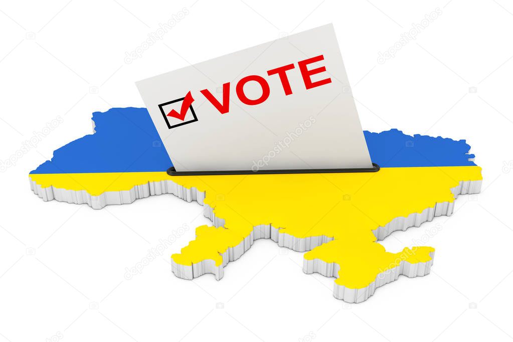 Voting in Ukraine Concept. Voting Card Half Inserted in Ballot Box in Shape of Ukraine Map with Flag on a white background. 3d Rendering 