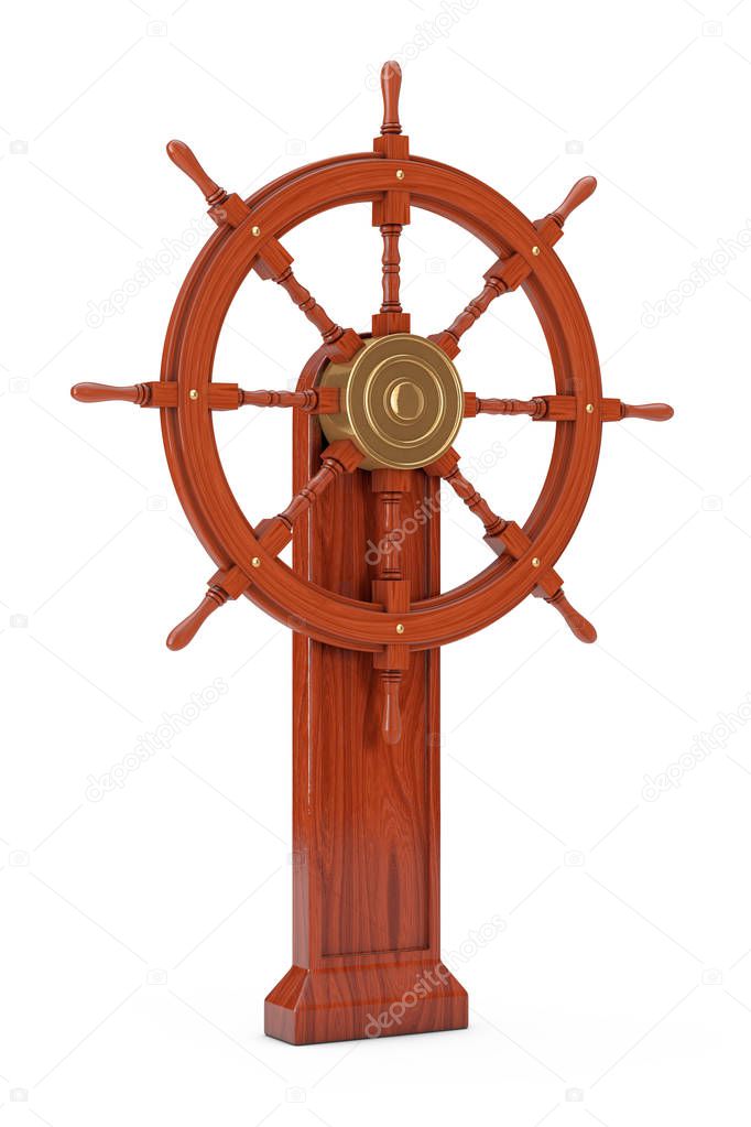 Vintage Wooden Ship Steering Wheel with Stand on a white background. 3d Rendering 