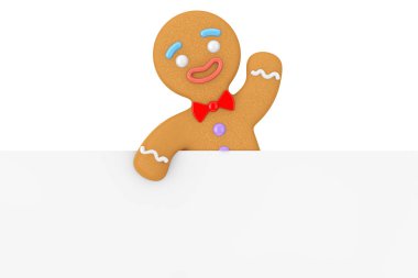 Tatil dekore edilmiş klasik Gingerbread adam kurabiye beyaz boş kağıt üzerinde beyaz bir arka plan Your tasarımı için boş alan ile arkasında. 3D render 