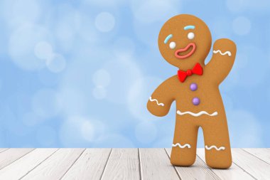 Tatil dekore edilmiş klasik Gingerbread adam kurabiye mavi bir arka plan üzerinde. 3D render 