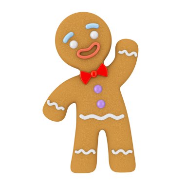 Tatil dekore edilmiş klasik Gingerbread adam kurabiye beyaz zemin üzerinde. 3D render 