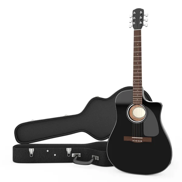 Black Wooden Acoustic Guitar Black Leather Hard Case Fundo Branco — Fotografia de Stock
