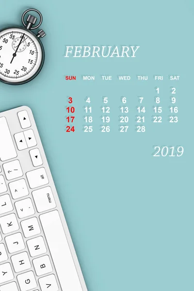 2019 Jaarkalender Februari Kalender Met Stopwatch Toetsenbord Rendering — Stockfoto