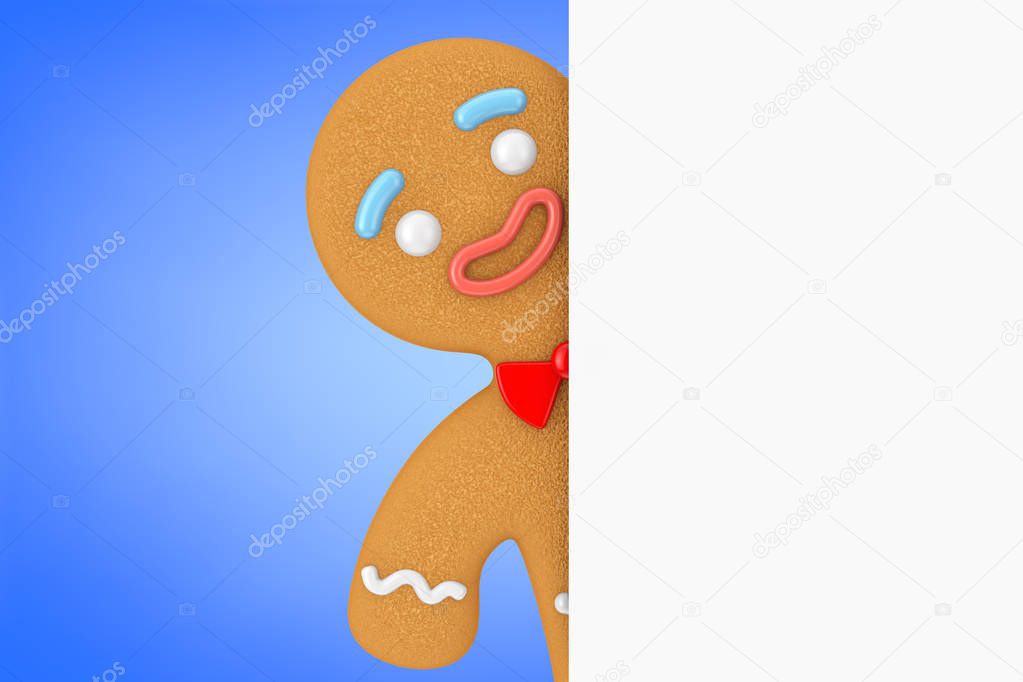Holiday Decorated Classic Gingerbread Man Cookie behind White Blank Paper with Free Space for Your Design on a blue background. 3d Rendering 