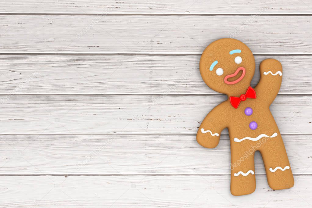 Holiday Decorated Classic Gingerbread Man Cookie on a wooden table. 3d Rendering 