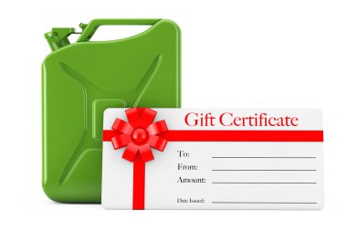 Beyaz zemin üzerine kırmızı Metal bidon önünde kırmızı kurdele ile hediye sertifikası. 3D render 