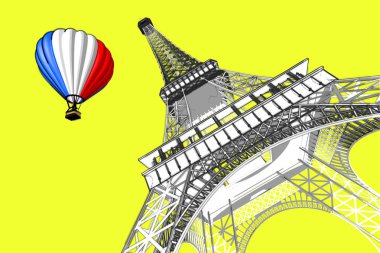Fransa kavramı. Paris skeçler el çizim stili Eyfel Kulesi ve sıcak hava balonu ile Fransa bayrağı sarı bir arka plan üzerinde. 3D render 