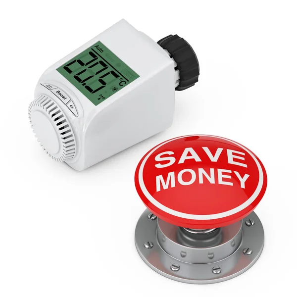 Digital Wireless Radiator Thermostatic Valvenear Red Button Knob Money Sign — Stock Photo, Image