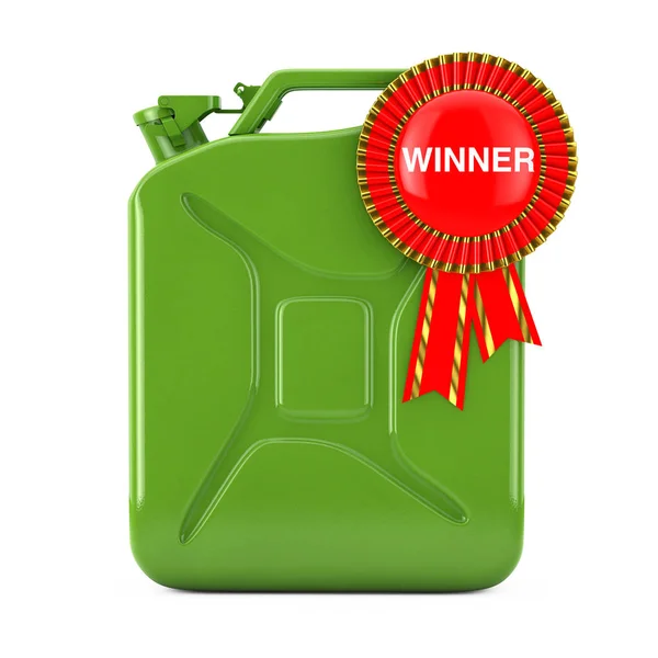 Quality Fuel Concept Green Metal Fuel Jerrycan Red Award Ribbon — Stock Photo, Image