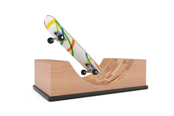 Modernes Skateboard Mit Hölzerner Halfpipe Rampe Auf Weißem Hintergrund Darstellung — Stockfoto