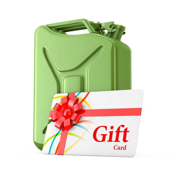 Gift Card Con Nastro Rosso Davanti Red Metal Jerrycan Sfondo — Foto Stock